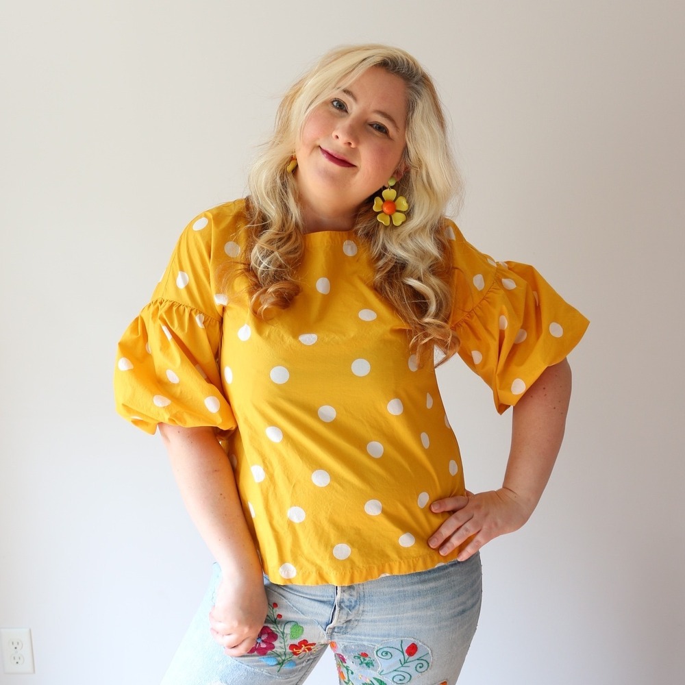 LOFT Polka Dot Blouse Yellow Puff Sleeve Retro Cotton Top Dopamine Mod Sunny M